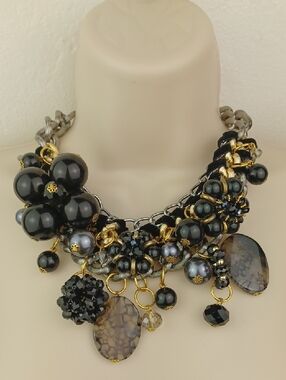 Bold Black Beaded Chunky Silver & Gold Chain Statement Necklace & Earrings